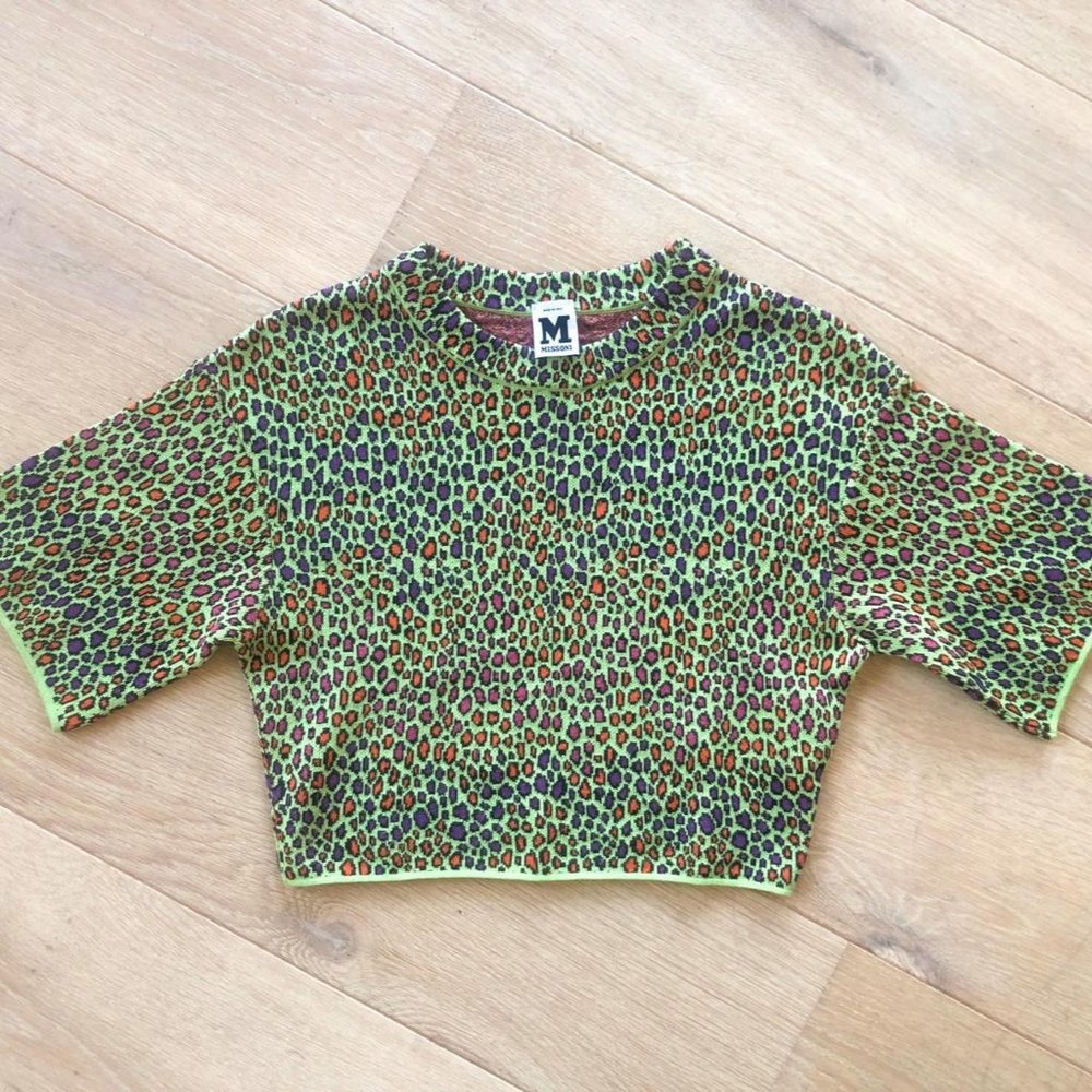 M Missoni Green Animal Print Cropped Pullover Sweater Jumper